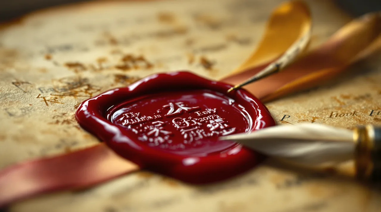 A red wax seal and ribbon on aged vellum