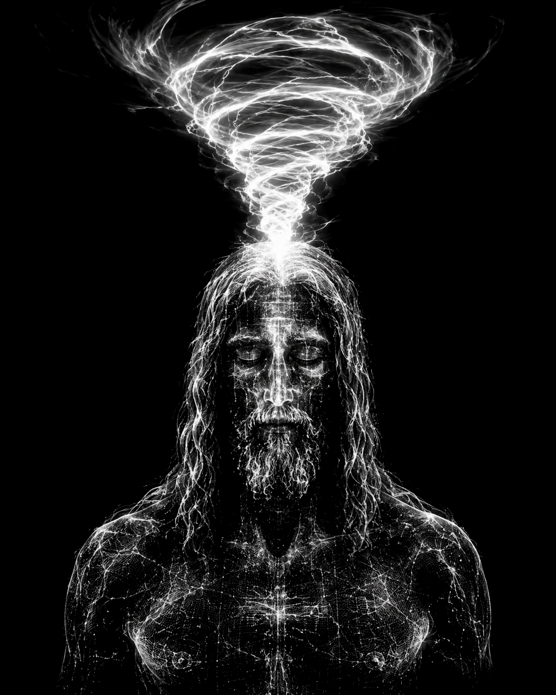A luminous figure with a vortex of light rising from the crown of the head — original artwork for Messages to the Masses Ministry