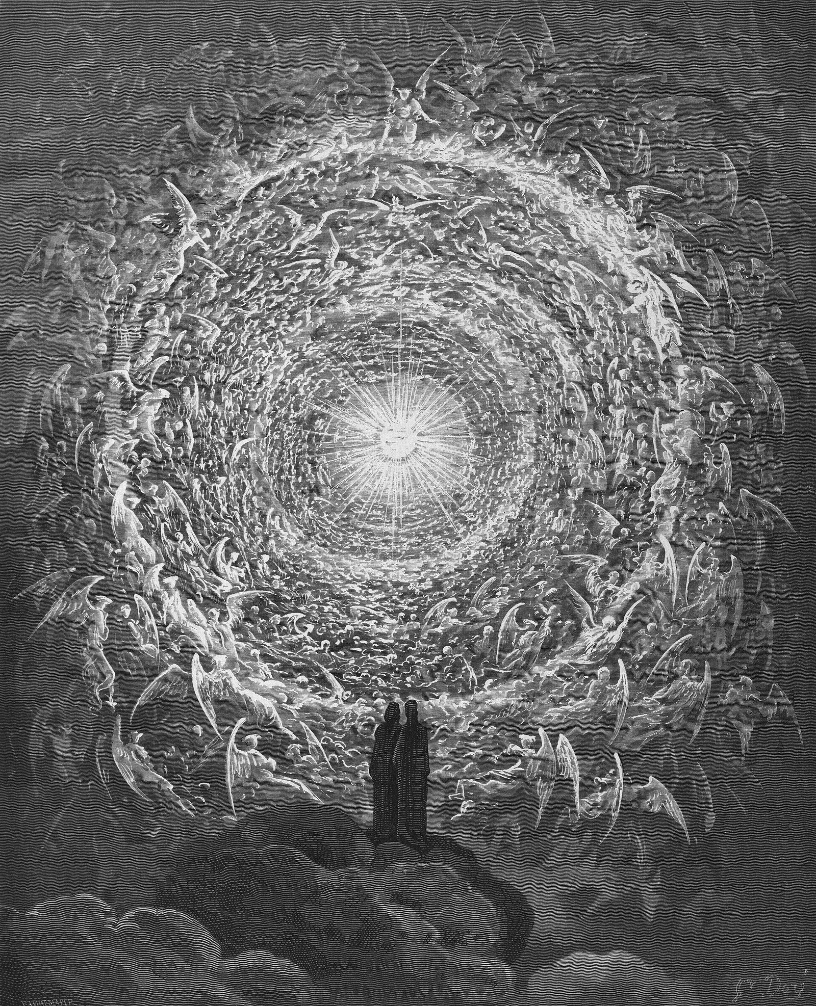 Gustave Doré's engraving 'The Celestial Rose' from Dante's Paradiso — the whole company of heaven drawn as a vast vortex of light spiralling around one central point