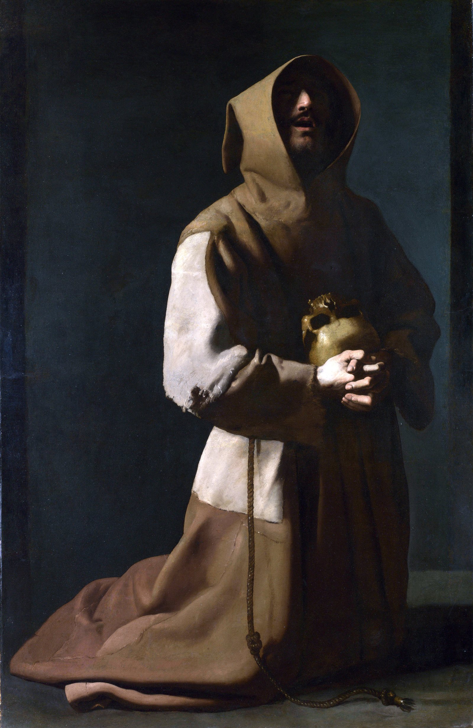 Francisco de Zurbarán's painting Saint Francis in Meditation — a kneeling figure gathered into deep stillness, face lifted toward a single light