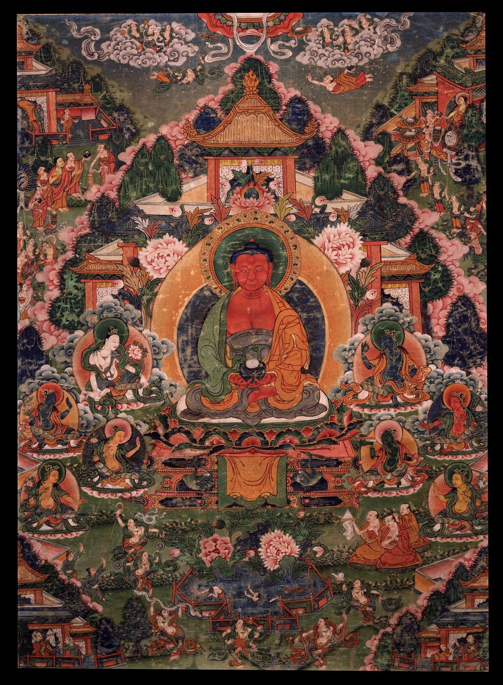 A Tibetan thangka of Amitabha, the Buddha of Boundless Light, seated in radiance with a luminous halo at the crown