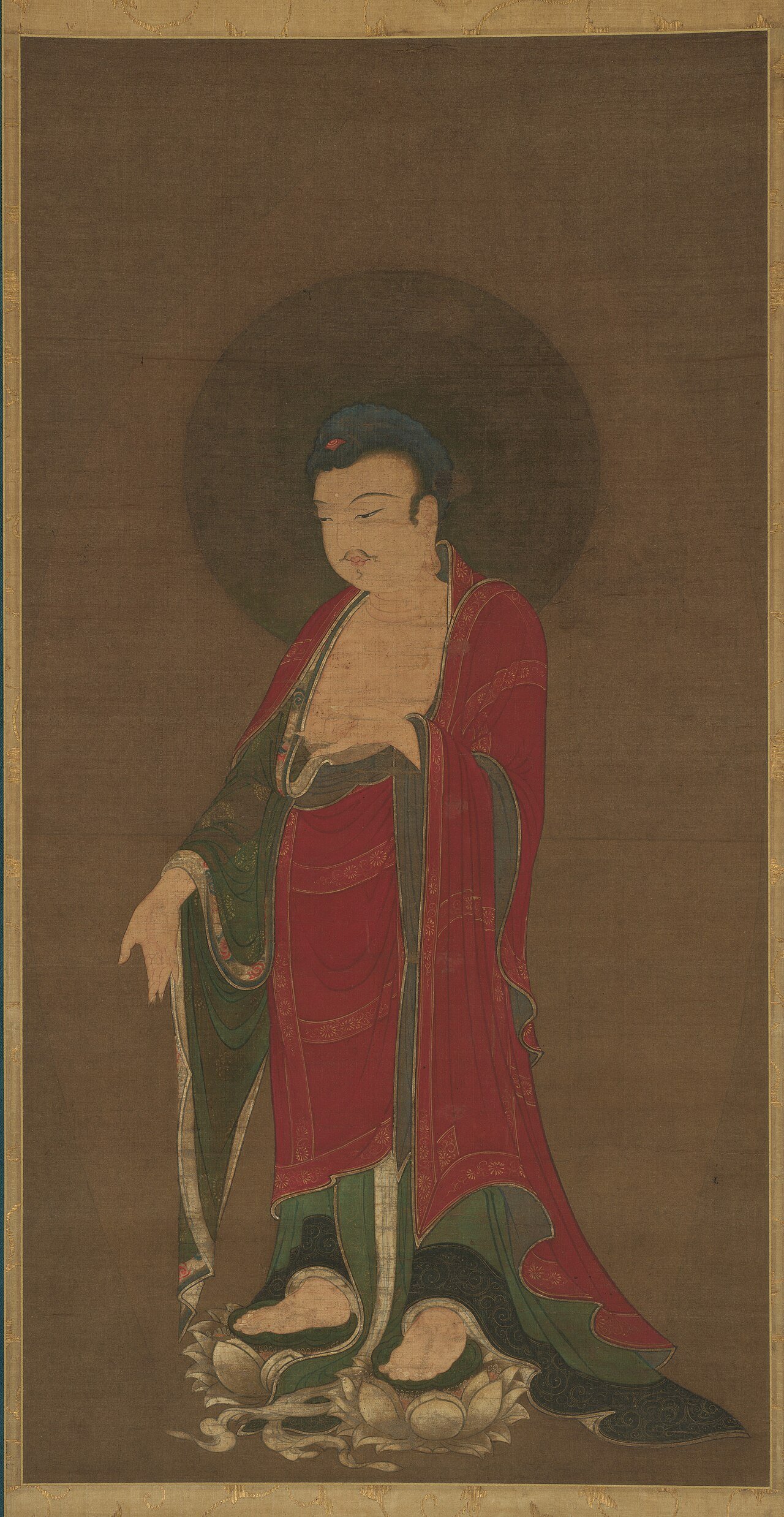 A painting of the Buddha Amitabha ringed by a circular aureole behind the head
