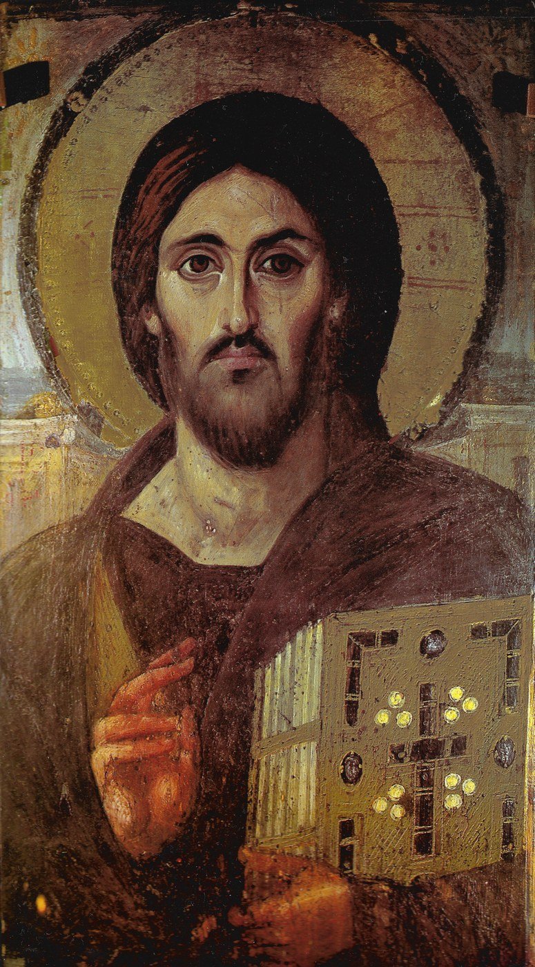 Christ Pantocrator of Sinai, sixth century — a haloed icon of the face of Christ