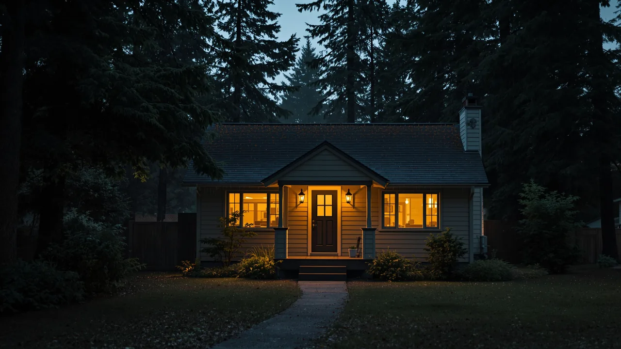 A safe, warm home glowing among evergreen trees at dusk — a place of refuge